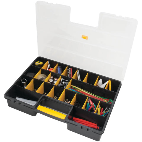 26 Adjustable Compartment Hardware Organizer Box With Dividers Durable Plastic Screw Storage Case for tools and small parts, open view.