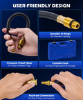 Orion Motor Tech cylinder leak-down tester kit with dual gauge, brass fittings, pressure hose, and blue storage case