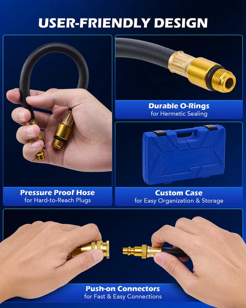 Orion Motor Tech cylinder leak-down tester kit with dual gauge, brass fittings, pressure hose, and blue storage case