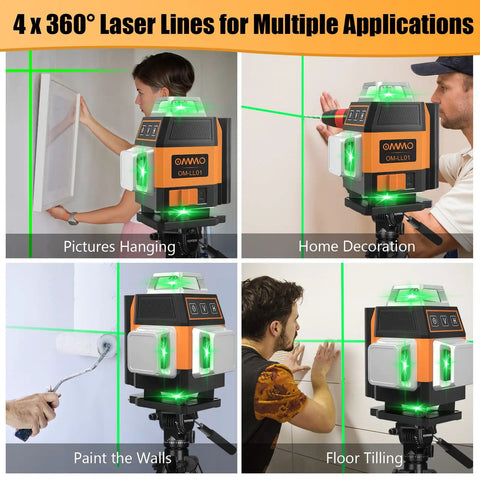 Green Laser Level Self Leveling Kit With 16 Laser Lines, 4x360 Degree Coverage used for pictures hanging and wall tiling.
