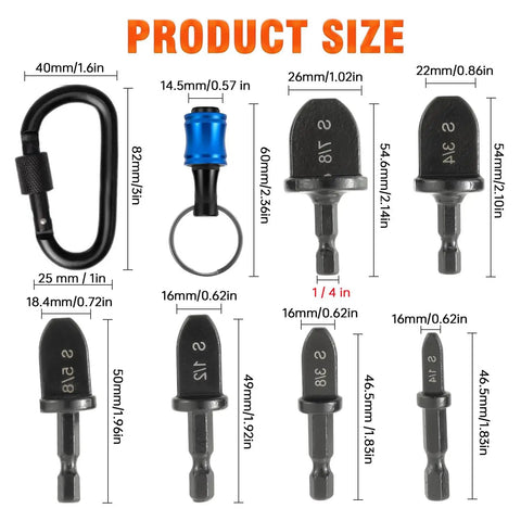 HVAC Copper Tube Expander Tool With Bit Holder For Air Conditioners, Beefy HSS Steel Construction, Six Pipe Sizes Including One Quarter, Three Eighths, One Half, Five Eighths Inches, Reusable Swedge Tool For Quick Copper Tube Reconditioning. size chart with bit holder and six drill bits