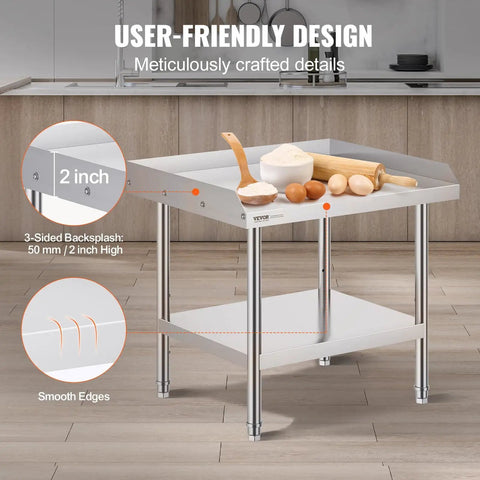 Stainless Steel Grill Stand Table 24 By 28 By 26 Inches With Adjustable Undershelf Built Tough For Home Kitchen Restaurant And Hotel Use Commercial Grade Work Table with two adjustable shelves and 3-sided backsplash in a modern kitchen setting.