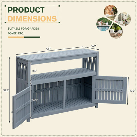 Two Tier Outdoor Storage Cabinet In Acacia Wood With Two Magnetic Doors And A Third Tier Storage Box Built Tough For Outdoor Use Great For Garden Patio Picnic Buffet TV Stand Or Bar Table In Grey, front view with dimensions