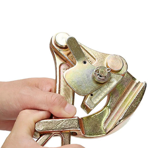 Hand holding a Heavy Duty Cable Grip And Steel Wire Puller Featuring Rock Solid Carbon Steel Jaw for cable tensioning.