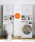 Top Shelf Over The Toilet Storage Cabinet, Slick Bathroom Space Saver Stand With Adjustable Rack And Open Cubby, Moisture Resistant White Finish, Sweet Home Upgrade positioned over a toilet and a washing machine.