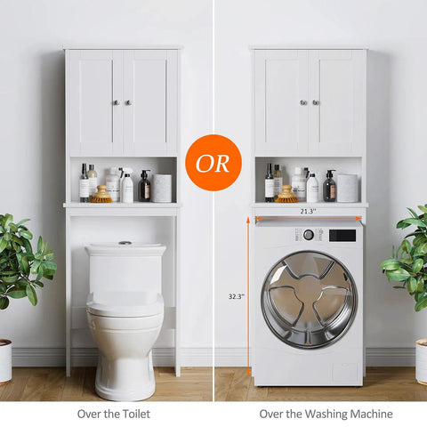 Top Shelf Over The Toilet Storage Cabinet, Slick Bathroom Space Saver Stand With Adjustable Rack And Open Cubby, Moisture Resistant White Finish, Sweet Home Upgrade positioned over a toilet and a washing machine.