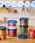 Sixteen Ounce Freezer Storage Containers Set With Twist Top Lids Round Plastic Food Storage Jars holding fruit and vegetables