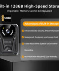 Heavy Duty 4K Body Camera With All Day Battery Life And True Black Night Vision, 128G Micro SD Card for Law Enforcement, showing built-in high-speed storage.