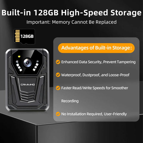 Heavy Duty 4K Body Camera With All Day Battery Life And True Black Night Vision, 128G Micro SD Card for Law Enforcement, showing built-in high-speed storage.