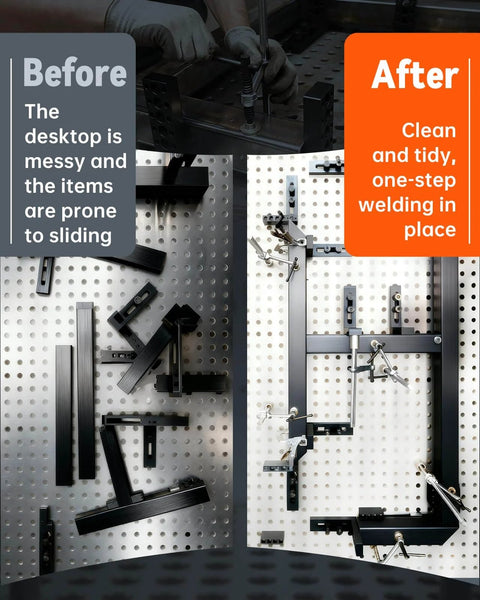 Two Pack Welding Table Clamps With Six Point Five Inch Opening Capacity For Five Eighth Inch Holes Professional Carbon Steel Welding Fixture Clamps For Precision Metalworking And Fabrication Heavy Duty Portable Set compared in before and after setup