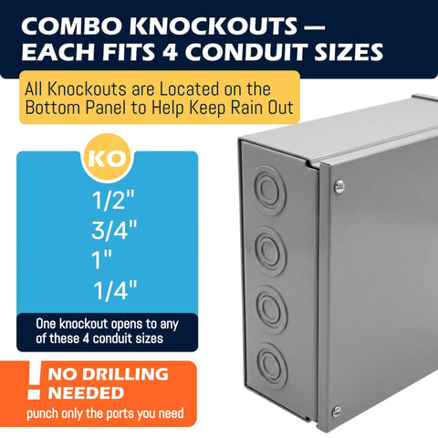 Heavy Duty Tough As Nails Outdoor Electrical Junction Box 10 X 10 X 6 Inch Nema 3r Carbon Steel with knockout sizes for conduit.