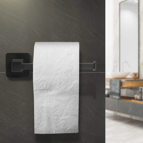 Matte Black 4 Piece Bathroom Hardware Set With 17 Inch Towel Bar, Towel Ring, Toilet Paper Holder And Wall Hook installed
