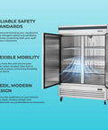 Hella Roomy Real Deal Commercial Kitchen Workhorse 49 Cubic Feet Solid Door Reach In Freezer Crafted From Durable Silver Stainless Steel with adjustable shelving inside.