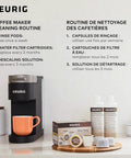 Keurig coffee maker with cleaning instructions and products including Water Filter Refills For 2.0 K-Cup Pod Coffee Makers, 6 Count