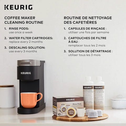 Keurig coffee maker with cleaning instructions and products including Water Filter Refills For 2.0 K-Cup Pod Coffee Makers, 6 Count