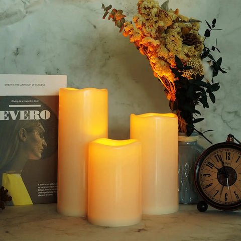 Outdoor Waterproof Flameless LED Pillar Candles Set 6 8 10 Inch With Remote And Timer Battery Operated Weatherproof Plastic Candles In Ivory White