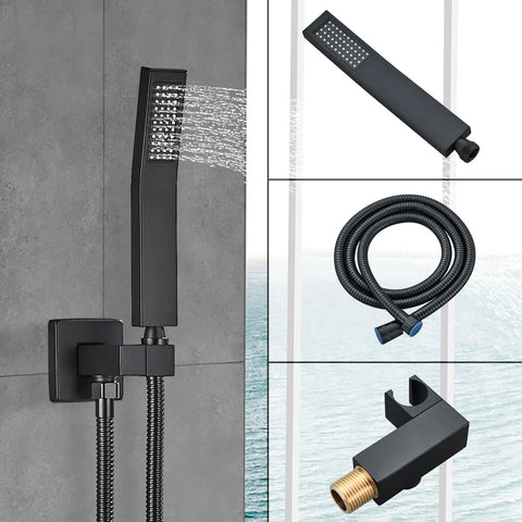 Matte Black Shower System With 12 Inch Rain Shower Head And Handheld Spray Brass Valves 14 Inch Shower Arm Wall Mounted Luxury Bath Faucet Set