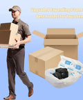 Delivery person with boxes, expanding foam packaging with camera, Expanding Foam Packaging For PCs And Odd Shaped Items shown.