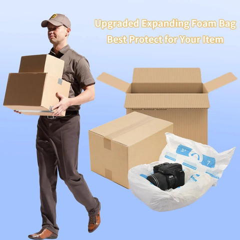 Delivery person with boxes, expanding foam packaging with camera, Expanding Foam Packaging For PCs And Odd Shaped Items shown.