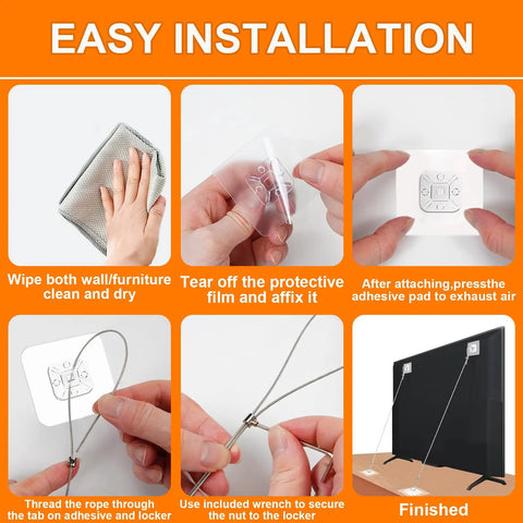 Adjustable 42 Inch TV Safety Straps No Drill Anti Tip Furniture Anchors Kit installation steps for baby proofing area