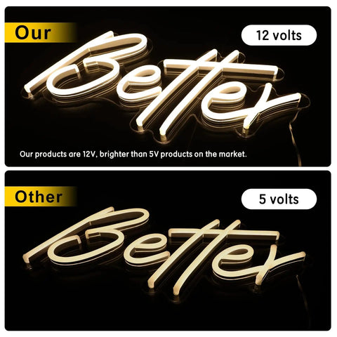 Comparison of Oh Baby Neon Sign With Dimmer Switch For Wall Decor 12V Reusable Neon Light Sign vs 5V version, both in warm white.