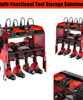 Heavy Duty Wall Mount Power Tool Organizer With Three Shelves And Cordless Drill Storage Metal Tool Rack For Garage Holds Batteries Hand Tools And Even A Charging Station in red, showing drills and batteries. Front and side view.