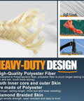 100 Ft 1/4 Inch Polyester Rope Diamond Braid Built Tough Heavy Duty Utility Cord For Camping, Clothesline, Flag Poles, And DIY Crafts, Comparable To Nylon, Blue With Red And White Accents informational design showing fibers and features