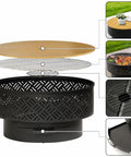 Exploded view of 26-Inch Wood Burning Fire Pit Table With Grill And Lid For Outdoor Use, showing components and features.
