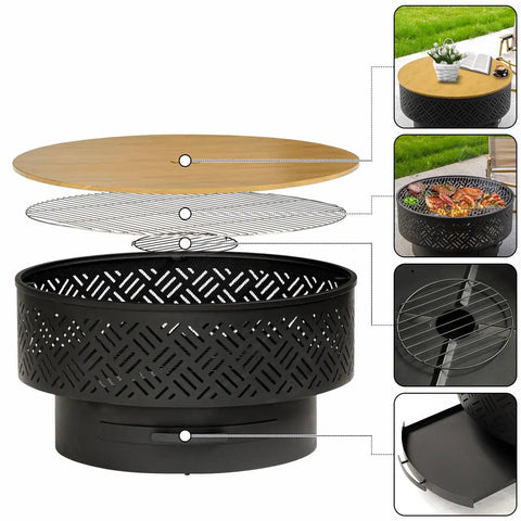 Exploded view of 26-Inch Wood Burning Fire Pit Table With Grill And Lid For Outdoor Use, showing components and features.