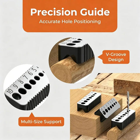 Straight Shooter Drill Bit Guide Plastic Locator Jig For Spot On Hole Placement Metric Precision Woodworking Tool Portable Grey Finish showing V-Groove design and multi-size support.