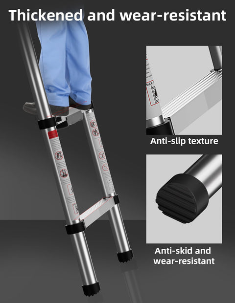 Heavy Duty Fourteen And A Half Feet Telescoping Ladder For Indoor And Outdoor Use Aluminum Collapsible Extension Ladder 330 Pound Load Capacity Anti Slip Rungs Rust And Water Resistant showing anti-skid feet and anti-slip rungs