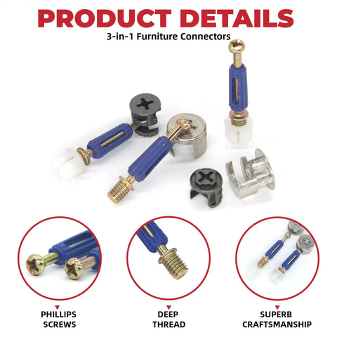All In One Furniture Connector Kit With Cam Lock Fasteners And Eccentric Wheel Screws Bolts And Nuts Set Includes Dowels And Driver
