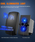 Rock Lights With Five Pin On Off Rocker Switch LED Light Bar featuring blue glow, laser etching, and dual LEDs for Jeep Boat Truck