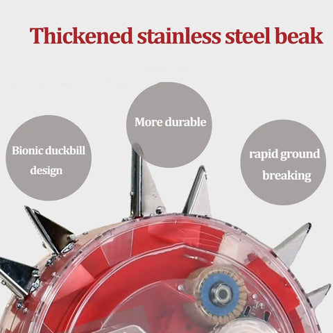 Close-up of Walk Behind Row Crop Planter And Roller Seeder Dope Garden Tool For Home Use showing stainless steel beak design.