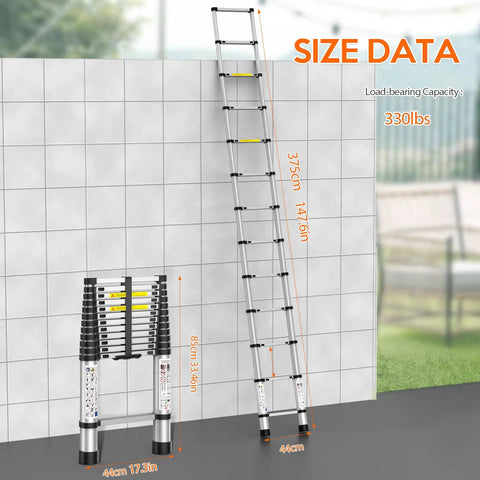 Telescoping Ladder 12.5 Ft Extension Ladder Built Tough, Heavy Duty 330 Lbs Capacity, Rust Resistant Stainless Steel, Adjustable Height Up To 12.5 Feet, Compact Storage, Easy Setup For Home Repairs, Painting, Outdoor Projects, extended open and folded view