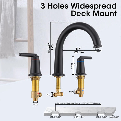 Front view of Wintap bathtub faucet set, matte black, 3-hole widespread deck-mount with two handles and high-arc spout