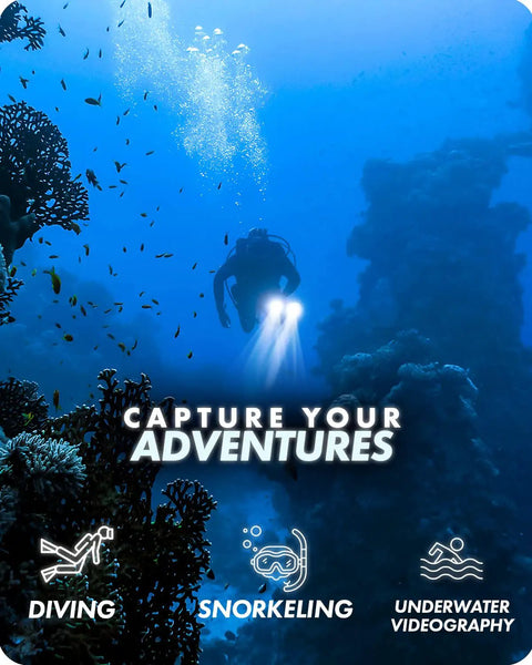 Scuba diver using DiveRig1 XL Diving Rig Bundle With Waterproof LED Lights exploring coral reef underwater.