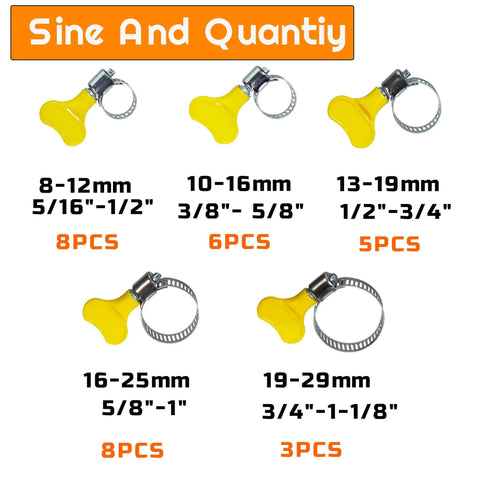 Stainless Steel Hose Clamp Set Of 30 Pieces Adjustable From 8 To 29mm Worm Gear Metal Fuel Line Clamps sizes and quantities display