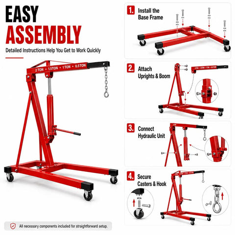 Easy assembly instructions for 5000 Lbs Folding Engine Hoist Cherry Picker Crane Hydraulic Pump Heavy Duty Alloy Steel Frame.