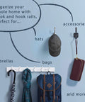 Wall Mounted Coat Rack With Six Decorative Hooks 27 Inch Length Soft Iron Cocoa Finish shown holding bags and accessories