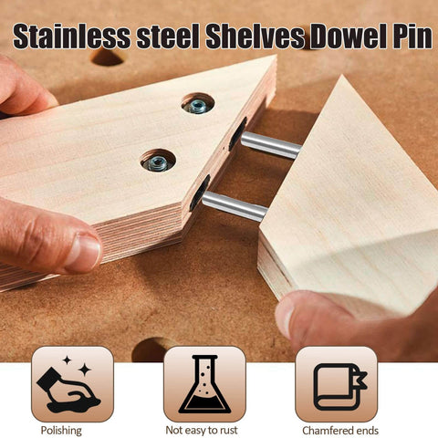 M3 X 30mm Stainless Steel Dowel Pins 50 Pack Heavy Duty Shelf Support Pegs for cabinets, shown installed in wood.