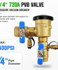 Upgraded Three Quarter Inch 720A Pressure Vacuum Breaker Assembly For Irrigation Systems Pro Grade Thickened Brass Backflow Preventer Valve Back Siphon Valves Sealant Over Teflon Tape Max 400 PSI