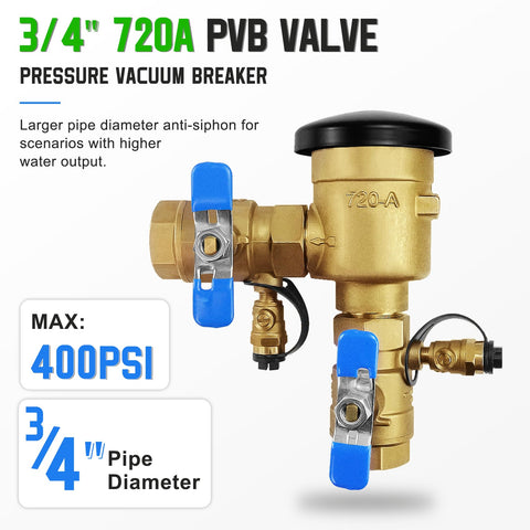 Upgraded Three Quarter Inch 720A Pressure Vacuum Breaker Assembly For Irrigation Systems Pro Grade Thickened Brass Backflow Preventer Valve Back Siphon Valves Sealant Over Teflon Tape Max 400 PSI