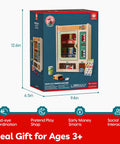 Packaging of Wooden Vending Machine Play Set For Kids Built For Realistic Pretend Shopping Fun with dimensions and features