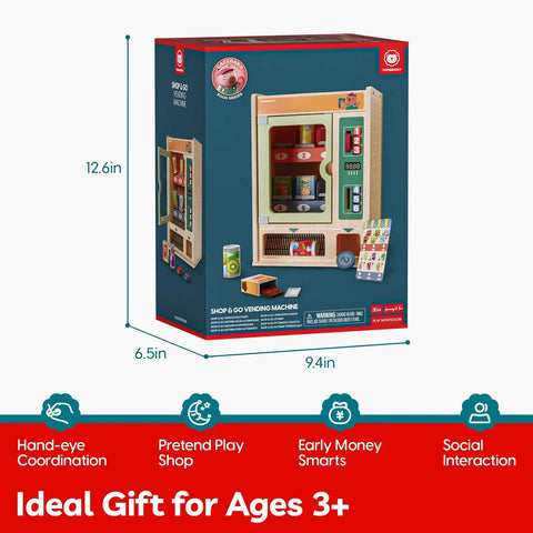 Packaging of Wooden Vending Machine Play Set For Kids Built For Realistic Pretend Shopping Fun with dimensions and features