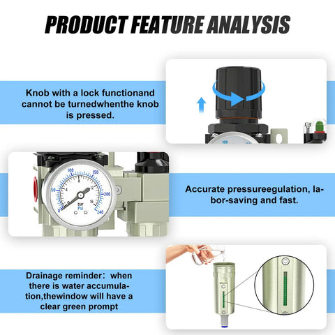 Product feature analysis of Heavy Duty Four Stage Air Drying System With Auto Drain Coalescing And Particulate Filters Double Desiccant Dryer And Air Regulator One Half Inch NPT For Plasma Cutters And Paint Sprayers with lock knob, pressure gauge, and drainage reminder.