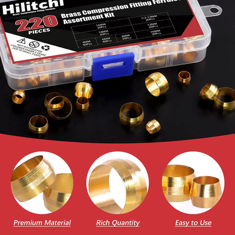 Front view of Hilitchi 220-piece brass compression sleeves kit in clear case, 4-16 mm tube OD