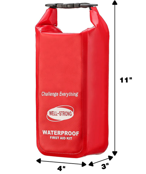 WELL-STRONG waterproof roll-top boat first aid kit, red; 11in tall, 4in wide, 3in deep