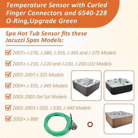 Spa temperature sensor with curled finger connectors; green coil cable and red O-ring