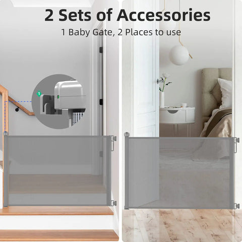 Retractable Baby Gate 33 Inch Tall Extends To 55 Inch Wide Mesh Safety Gate in stairs and hallway settings.